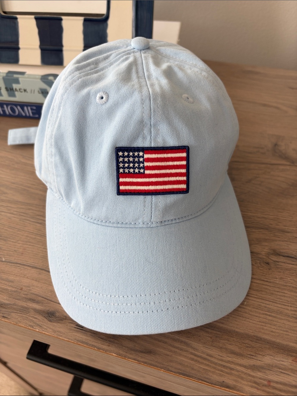 J. Crew Factory Light Blue Baseball Cap with American Flag Patch